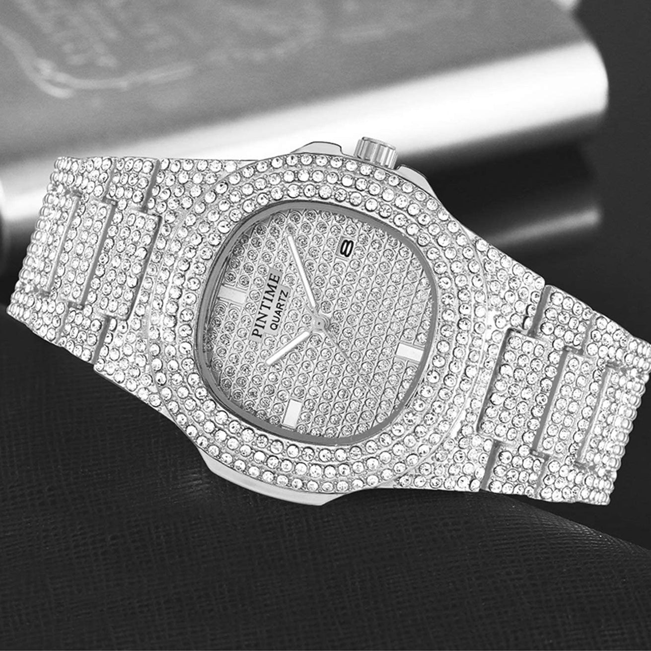 silver iced out watch